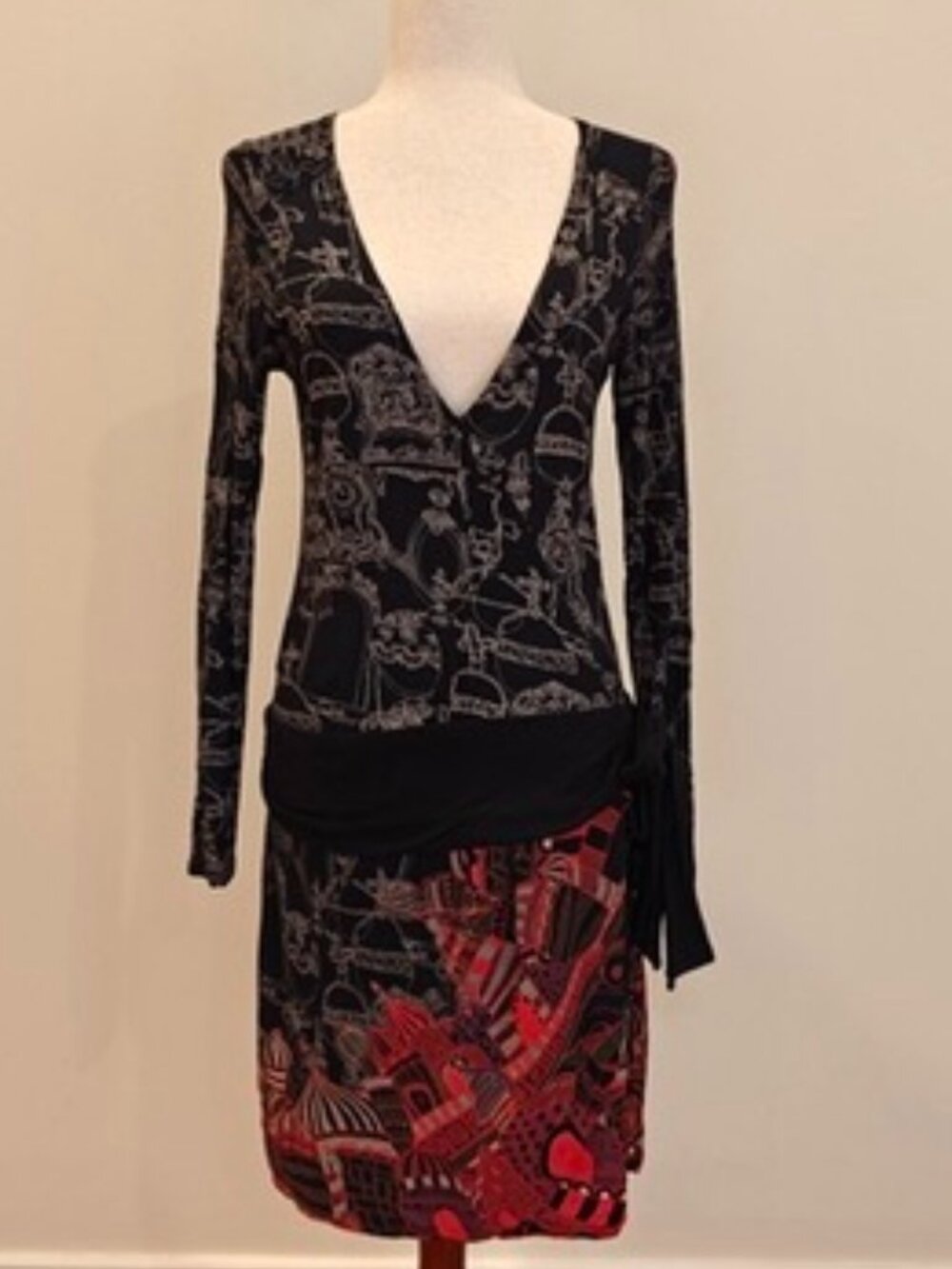 Desigual Dress Womens Large Black Plunge V Neck Low Waist Wrap Stretch Boho